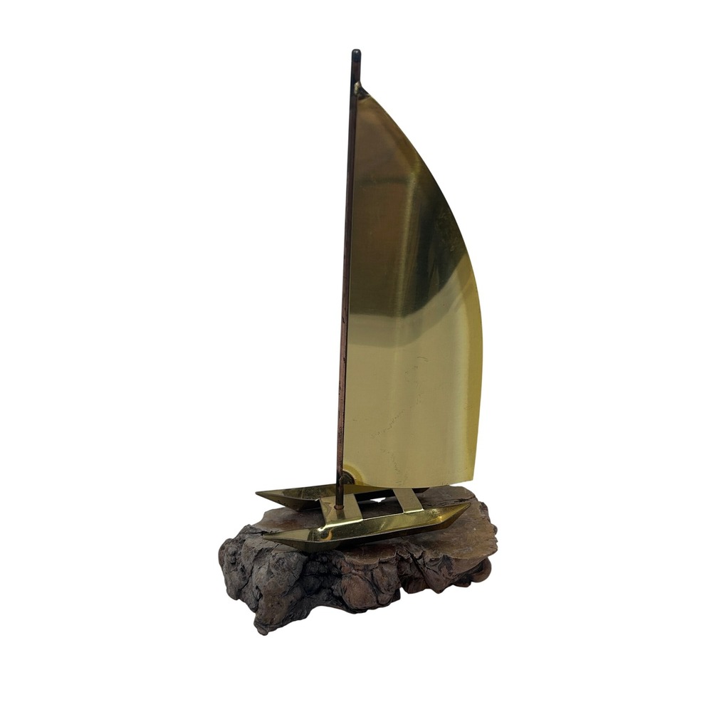 Vintage Brass Catamaran Sailboat Sculpture on Natural Burl Wood‎ Base MCM Decor